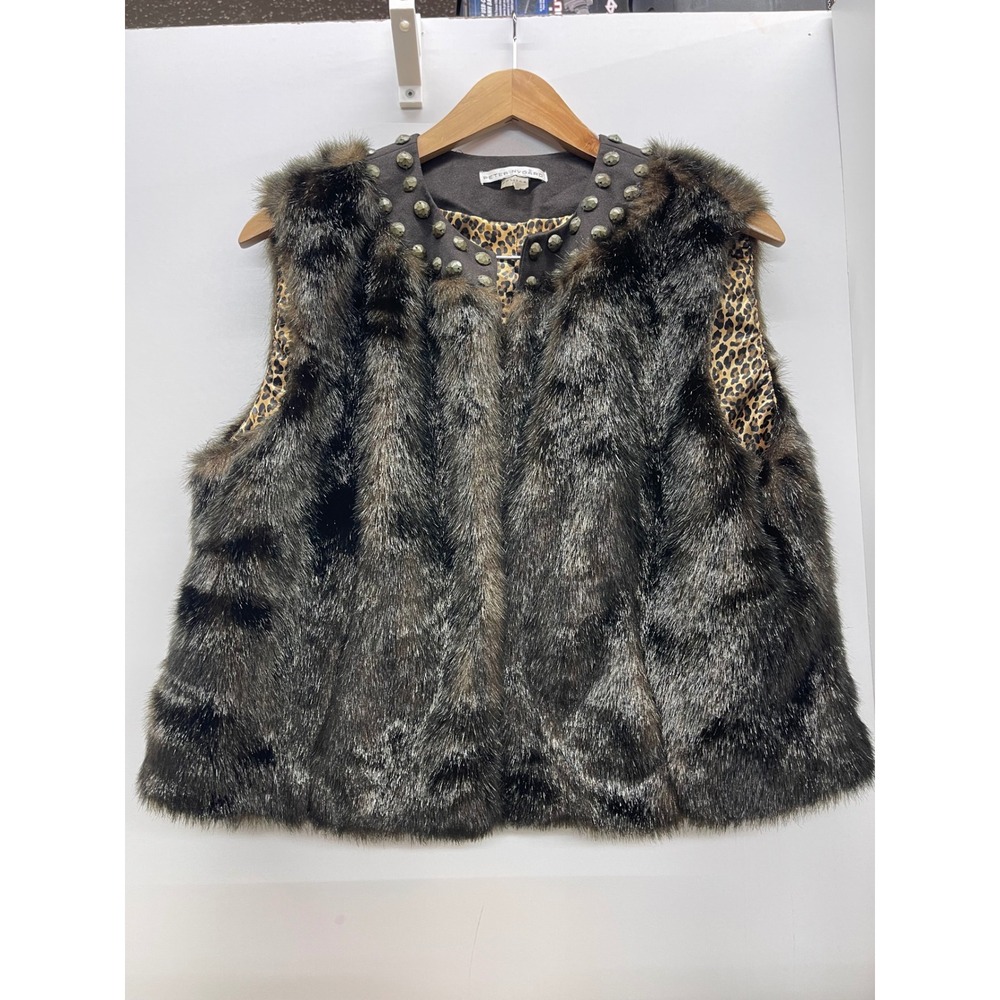 Peter Nygard Faux Fur Studded Vest Brown Leopard Print Lining Petite Large